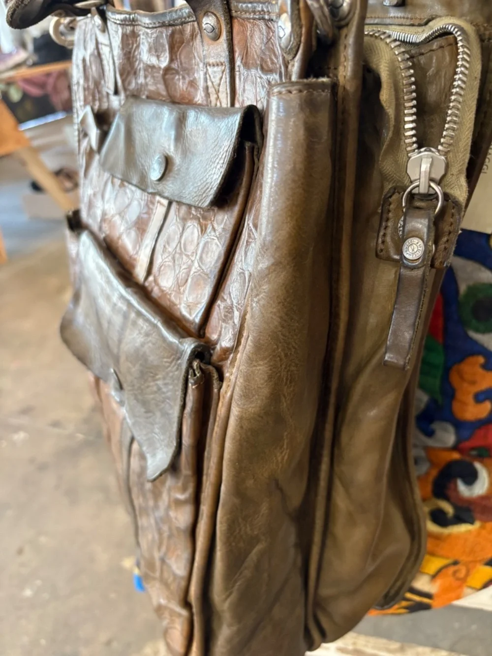 Campomaggi Tokyo Embossed Leather Shopping Tote in Verde Militare